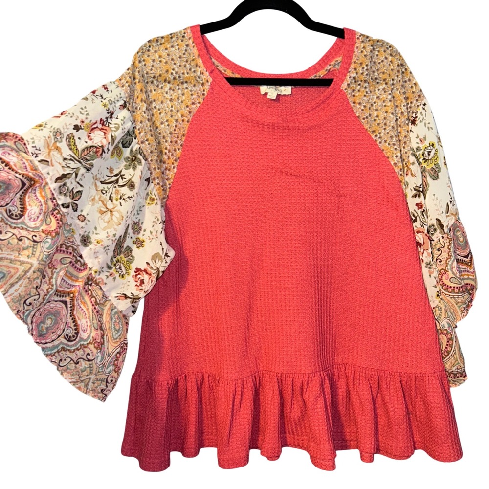 Umgee Peplum Top Boho Cottagecore Mixed Media Waffle Knit Women XL Pink Floral